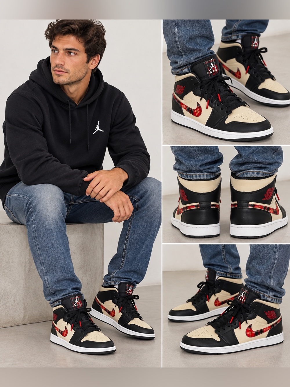 Nike Air Jordan 1 Mid SE Tartan Plaid Black Tan Red Men’s Shoes Size 9.5